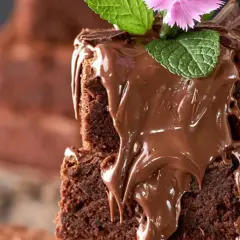 Delicioso brownie esponjoso cubierto de chocolate derretido, menta y una flor rosa. ¡Perfecto para tu próxima receta de brownie esponjoso!