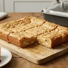 Un delicioso brownie chocolate blanco, cortado en porciones, con una porción cubierta de frutos rojos.