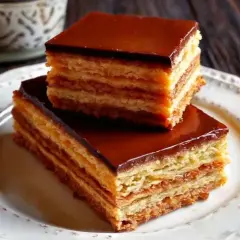 Dos porciones de tarta de la abuela, con capas de bizcocho y crema, cubiertas de chocolate brillante.