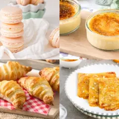 Macarons rosados, croissants dorados, crème brûlée y crepes de naranja, una deliciosa selección de postres franceses.