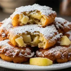 Montón de buñuelos de manzana recién hechos, espolvoreados con azúcar glas. Un buñuelo está partido, mostrando el relleno de manzana.