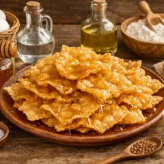 Hojuelas crujientes bañadas en miel, parte de la receta de la abuela. Ingredientes como huevos, harina y aceite rodean este delicioso postre.