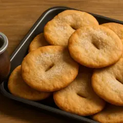 Deliciosas tortas fritas recién hechas, espolvoreadas con azúcar, junto a un mate humeante.