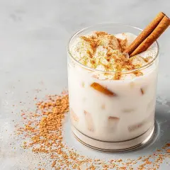 Delicioso mousse de arroz con leche, cremoso y espolvoreado con canela, con dos palitos de canela como decoración.