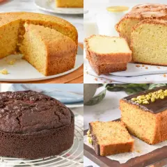 Variedad de bizcochos: de zanahoria, de limón, de chocolate y uno cubierto de chocolate y pistachos. ¡Perfectos para tus recetas de bizcochos!