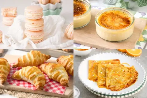 Macarons rosados, croissants dorados, crème brûlée y crepes de naranja, una deliciosa selección de postres franceses.