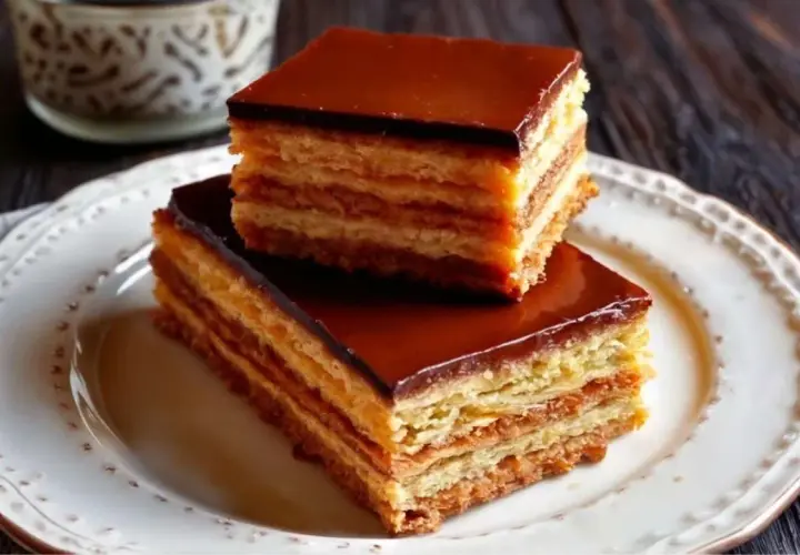 Dos porciones de tarta de la abuela, con capas de bizcocho y crema, cubiertas de chocolate brillante.