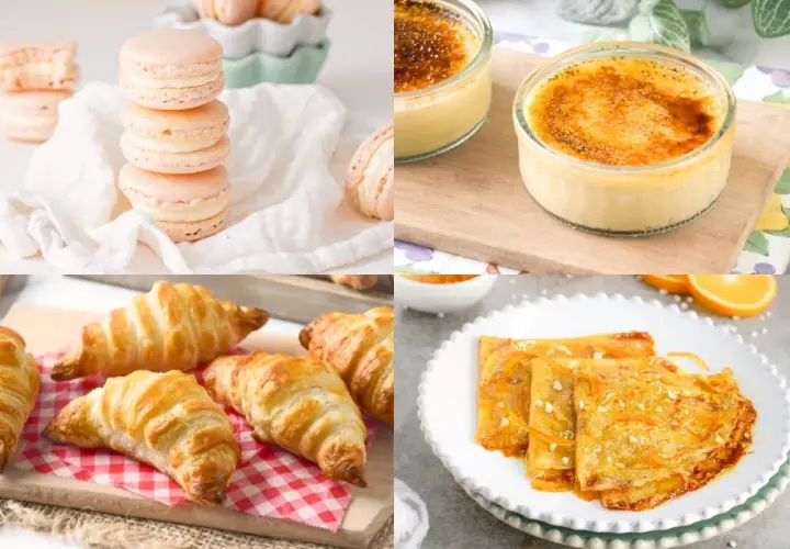 Macarons rosados, croissants dorados, crème brûlée y crepes de naranja, una deliciosa selección de postres franceses.