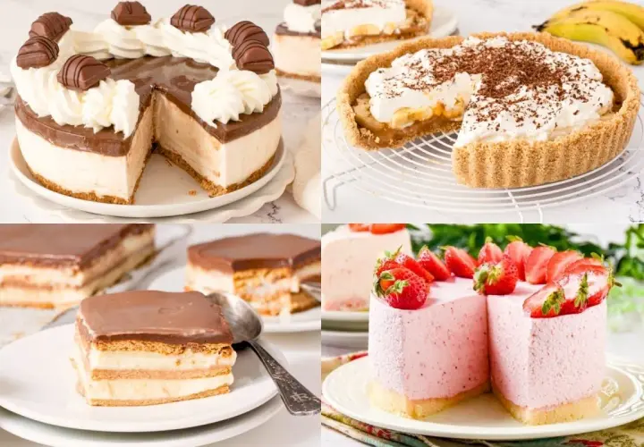 Variedad de tartas sin horno: de chocolate, banana, milhojas y fresa. ¡Deliciosas y fáciles de preparar!