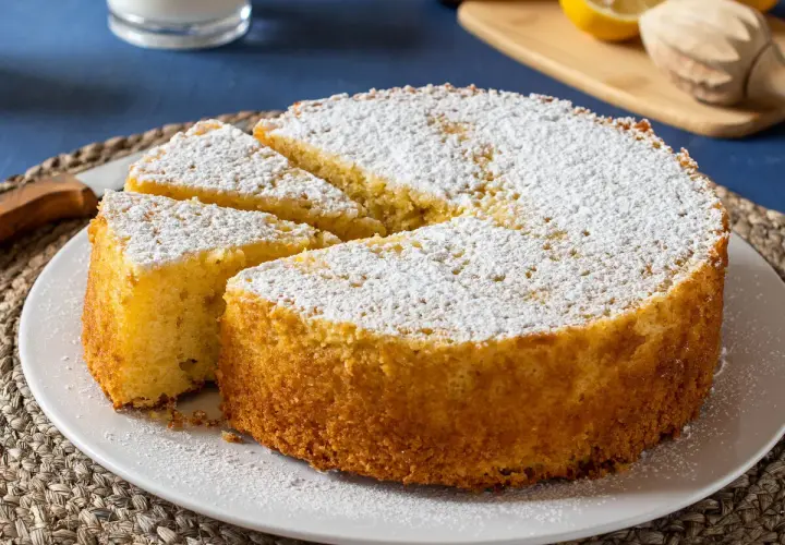 Bizcocho esponjoso hecho en airfryer, espolvoreado con azúcar glas. ¡Perfecto para merendar!