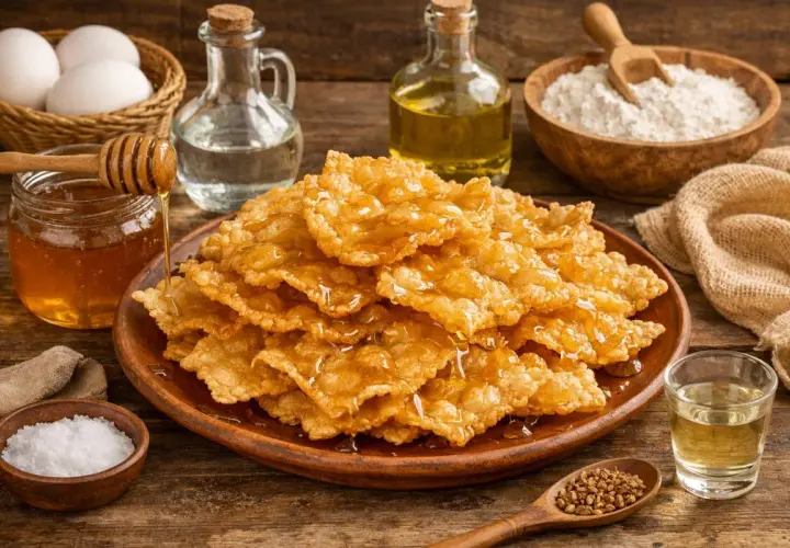 Hojuelas crujientes bañadas en miel, parte de la receta de la abuela. Ingredientes como huevos, harina y aceite rodean este delicioso postre.