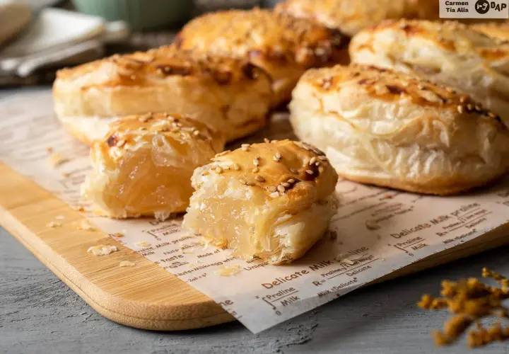 Empanadillas de cabello de ángel doradas y crujientes, espolvoreadas con semillas de sésamo.