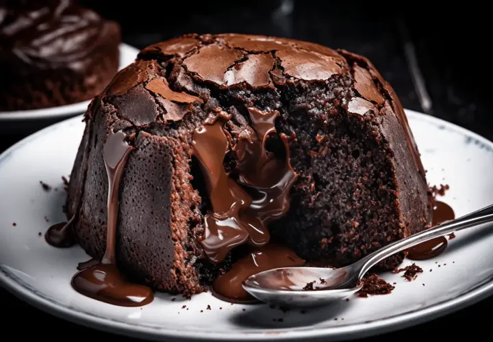 Un delicioso souffle de chocolate con centro líquido, chorreando sobre un plato blanco con una cuchara.
