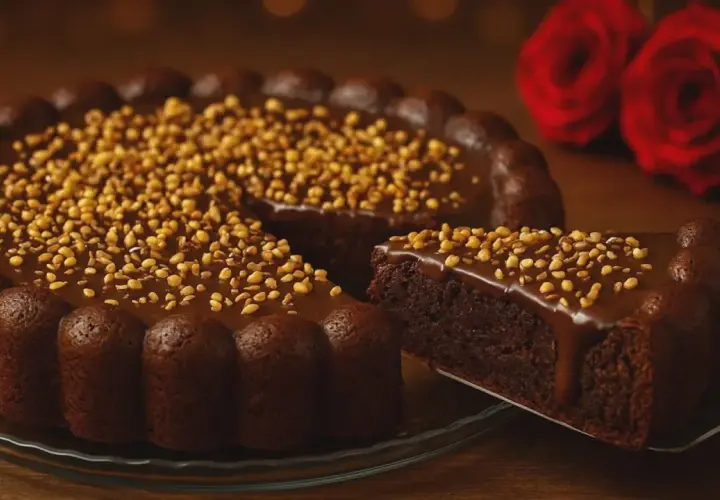 Deliciosa tarta de chocolate cubierta de glaseado y frutos secos. Una porción se sirve en una pala, con dos rosas rojas al fondo.