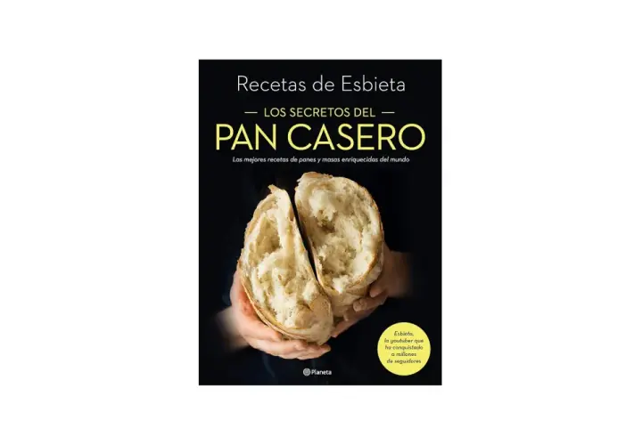 Portada de libro "Los secretos del pan casero" de Esbieta, con un pan artesanal abierto en las manos.