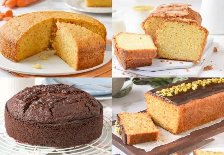 Variedad de bizcochos: de zanahoria, de limón, de chocolate y uno cubierto de chocolate y pistachos. ¡Perfectos para tus recetas de bizcochos!