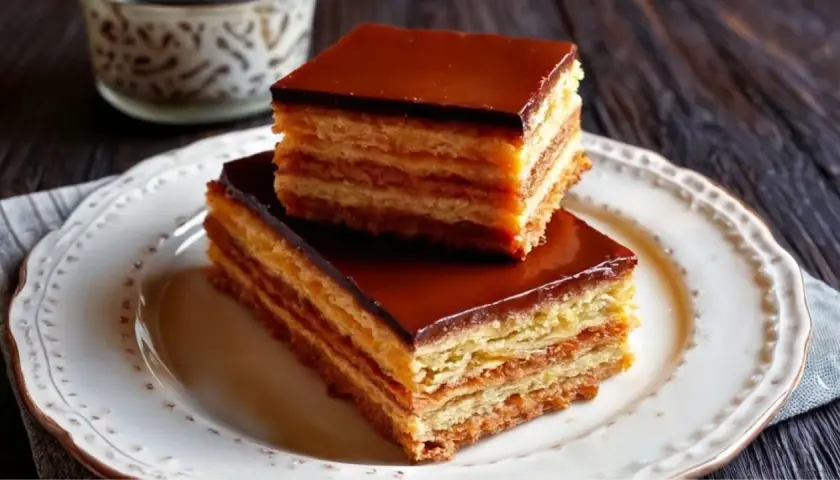 Dos porciones de tarta de la abuela, con capas de bizcocho y crema, cubiertas de chocolate brillante.
