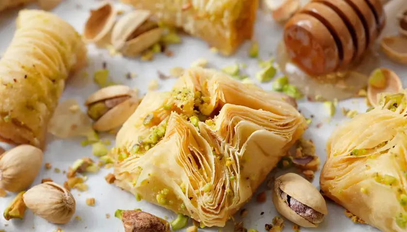 Deliciosos bocados de baklava, perfectos para tus recetas con masa filo. Pistachos y miel completan esta tentación.