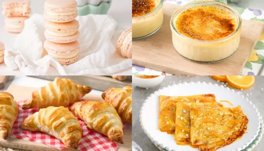 Macarons rosados, croissants dorados, crème brûlée y crepes de naranja, una deliciosa selección de postres franceses.