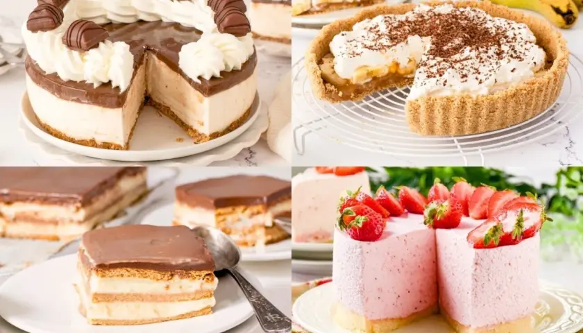 Variedad de tartas sin horno: de chocolate, banana, milhojas y fresa. ¡Deliciosas y fáciles de preparar!