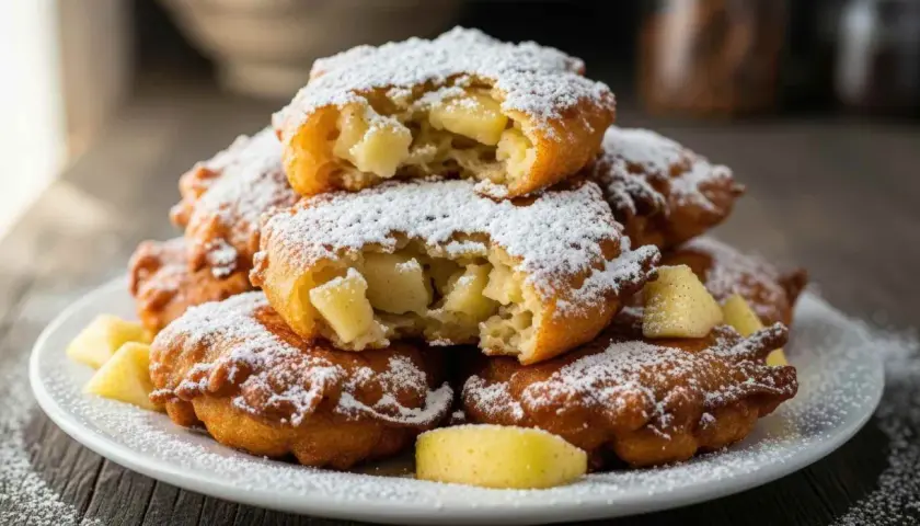 Montón de buñuelos de manzana recién hechos, espolvoreados con azúcar glas. Un buñuelo está partido, mostrando el relleno de manzana.