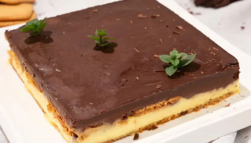 Deliciosa tarta de galletas y chocolate, con capas de crema y cubierta de chocolate brillante, decorada con menta fresca.