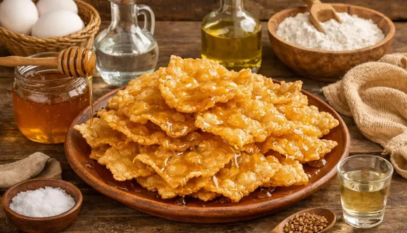 Hojuelas crujientes bañadas en miel, parte de la receta de la abuela. Ingredientes como huevos, harina y aceite rodean este delicioso postre.