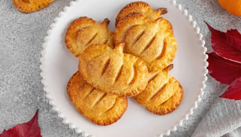 Deliciosos hojaldres de calabaza con forma de calabaza, espolvoreados con azúcar y canela, sobre un plato blanco festoneado.