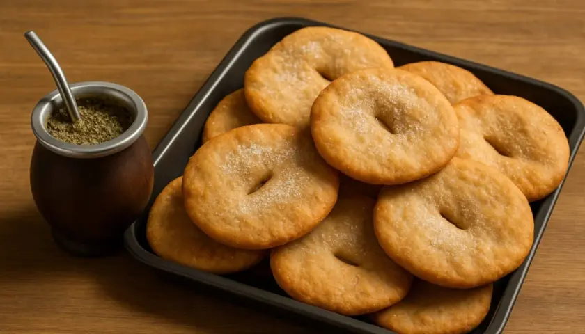 Deliciosas tortas fritas recién hechas, espolvoreadas con azúcar, junto a un mate humeante.
