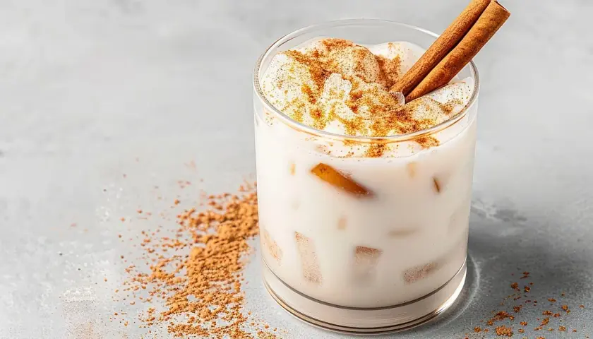 Delicioso mousse de arroz con leche, cremoso y espolvoreado con canela, con dos palitos de canela como decoración.