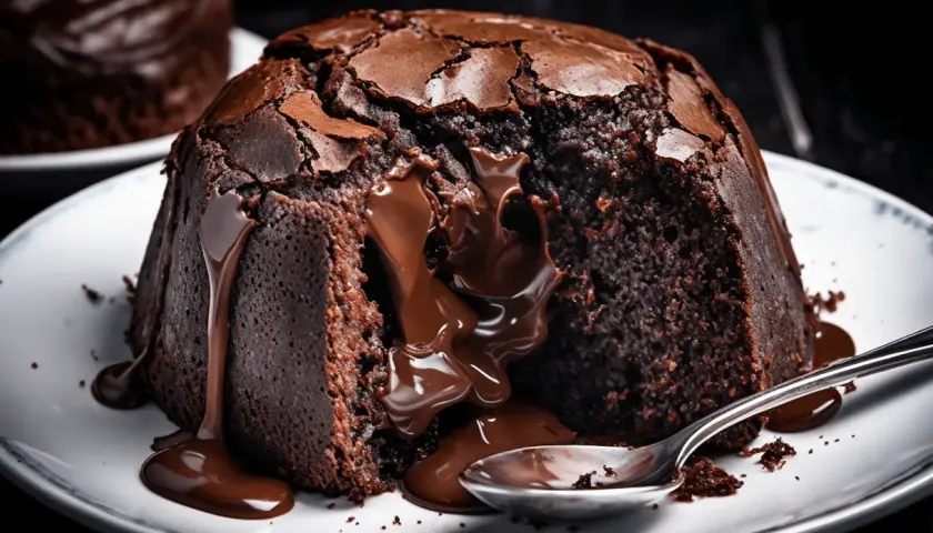 Un delicioso souffle de chocolate con centro líquido, chorreando sobre un plato blanco con una cuchara.