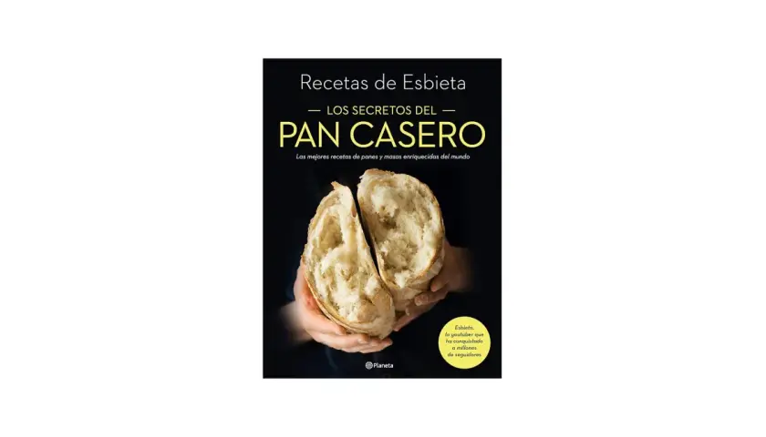 Portada de libro "Los secretos del pan casero" de Esbieta, con un pan artesanal abierto en las manos.