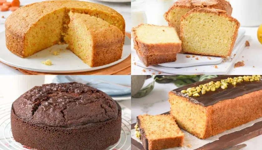 Variedad de bizcochos: de zanahoria, de limón, de chocolate y uno cubierto de chocolate y pistachos. ¡Perfectos para tus recetas de bizcochos!