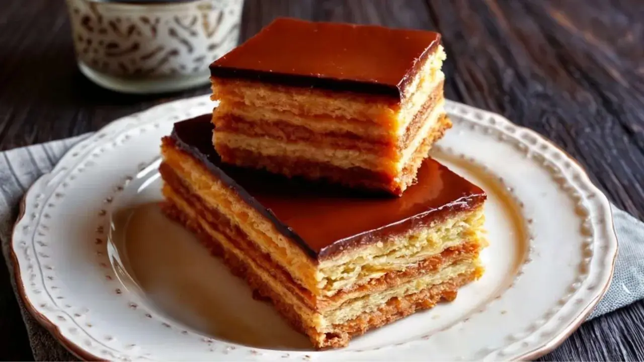 Dos porciones de tarta de la abuela, con capas de bizcocho y crema, cubiertas de chocolate brillante.