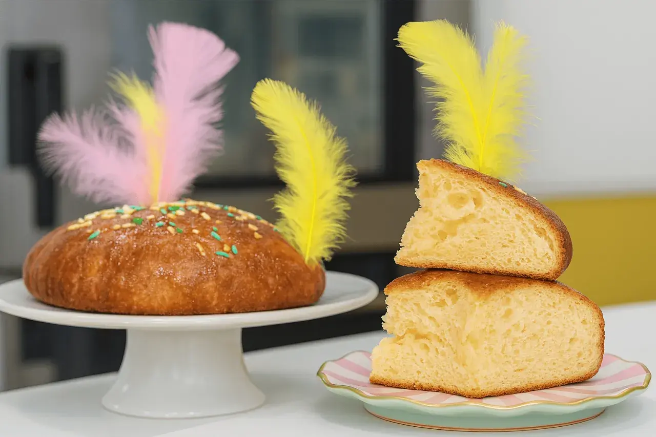 Pan dulce decorado con plumas de colores y chispas, ideal para una receta mona de pascua.