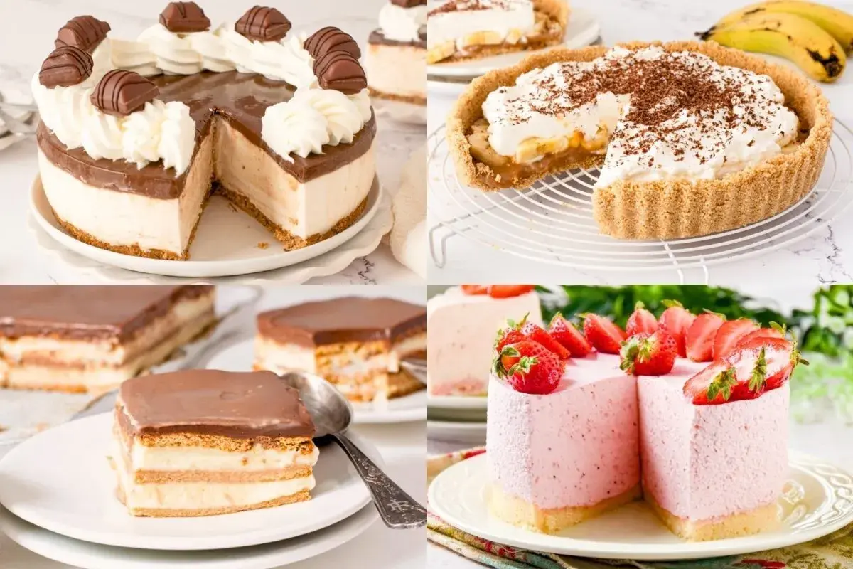 Variedad de tartas sin horno: de chocolate, banana, milhojas y fresa. ¡Deliciosas y fáciles de preparar!