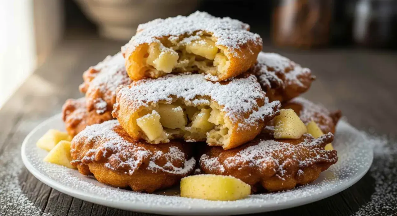 Montón de buñuelos de manzana recién hechos, espolvoreados con azúcar glas. Un buñuelo está partido, mostrando el relleno de manzana.