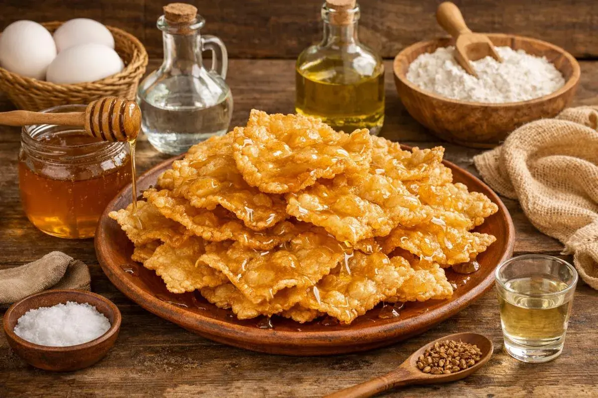 Hojuelas crujientes bañadas en miel, parte de la receta de la abuela. Ingredientes como huevos, harina y aceite rodean este delicioso postre.