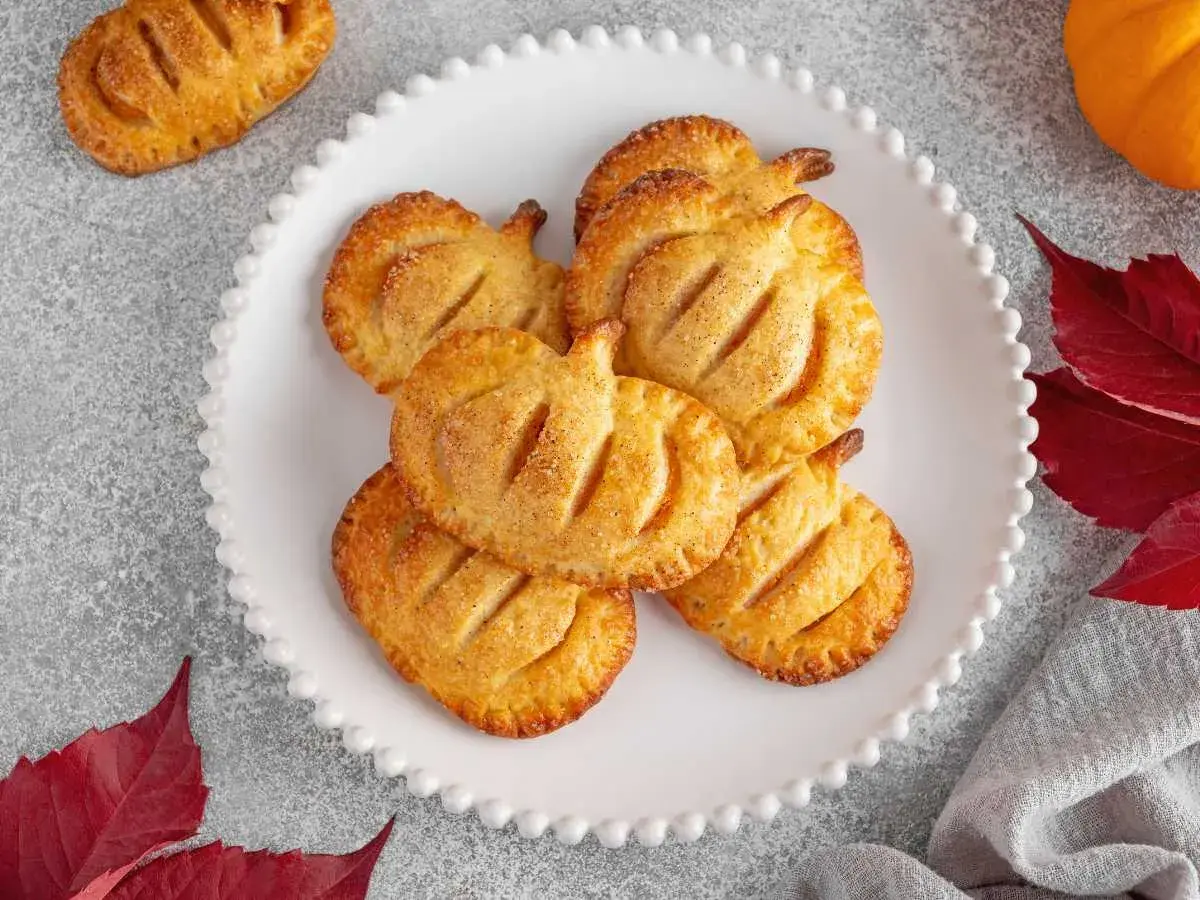 Deliciosos hojaldres de calabaza con forma de calabaza, espolvoreados con azúcar y canela, sobre un plato blanco festoneado.