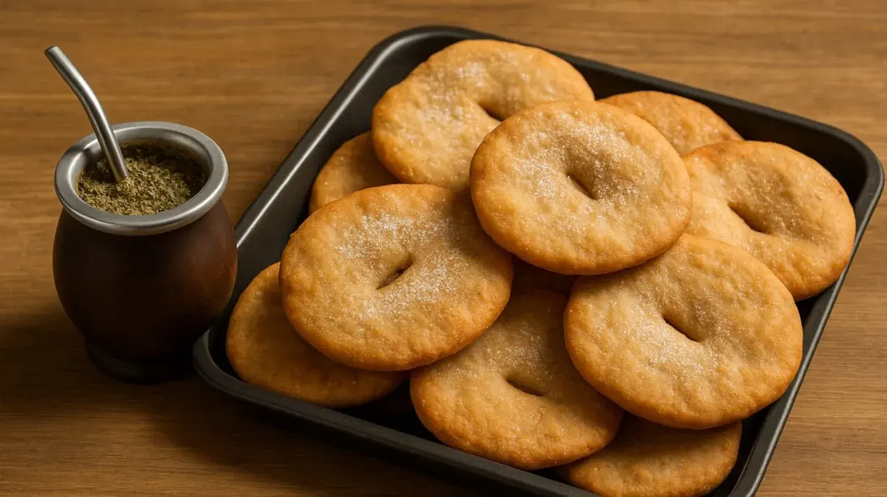 Deliciosas tortas fritas recién hechas, espolvoreadas con azúcar, junto a un mate humeante.