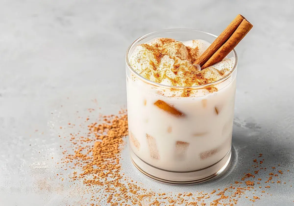 Delicioso mousse de arroz con leche, cremoso y espolvoreado con canela, con dos palitos de canela como decoración.