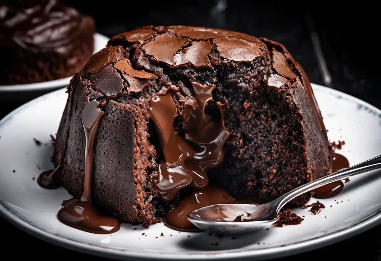 Un delicioso souffle de chocolate con centro líquido, chorreando sobre un plato blanco con una cuchara.