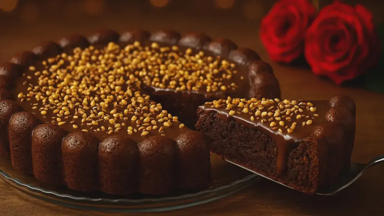 Deliciosa tarta de chocolate cubierta de glaseado y frutos secos. Una porción se sirve en una pala, con dos rosas rojas al fondo.