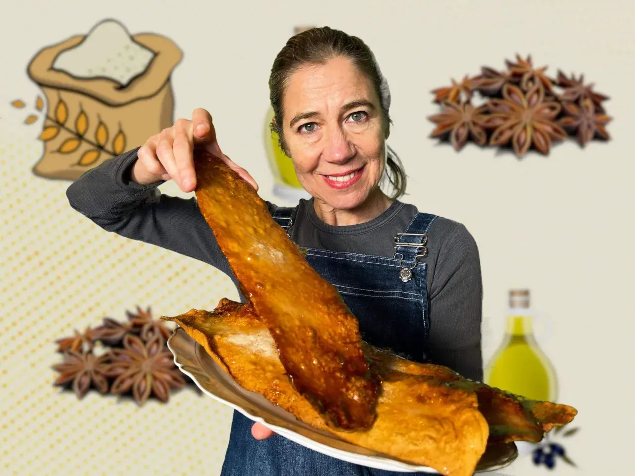 Mujer sonriente muestra una coca de vidre dorada y crujiente, con ingredientes como harina, anís estrellado y aceite de oliva de fondo.