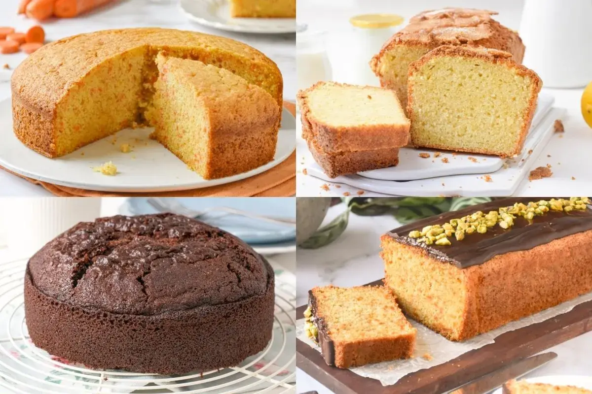 Variedad de bizcochos: de zanahoria, de limón, de chocolate y uno cubierto de chocolate y pistachos. ¡Perfectos para tus recetas de bizcochos!
