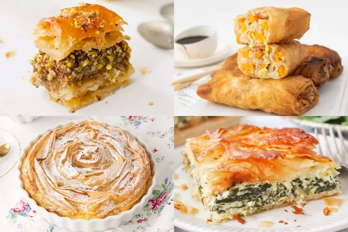 Deliciosas recetas con masa filo: baklava, rollitos crujientes, tarta de espinacas y un pastel dulce en espiral.