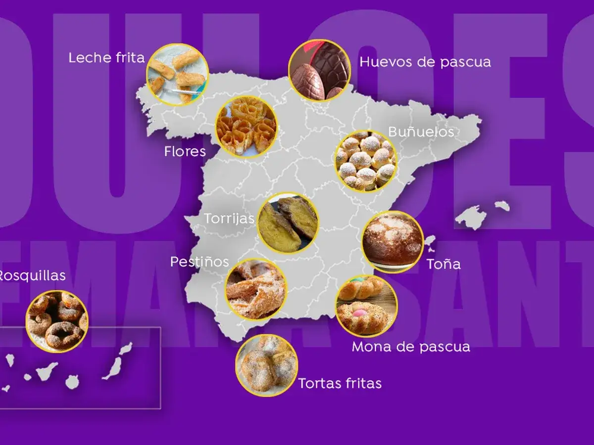 Mapa de Espa&ntilde;a con dulces t&iacute;picos de Semana Santa: leche frita, flores, torrijas, pesti&ntilde;os, rosquillas, huevos de pascua, bu&ntilde;uelos, to&ntilde;a, mona de pascua y tortas fritas.