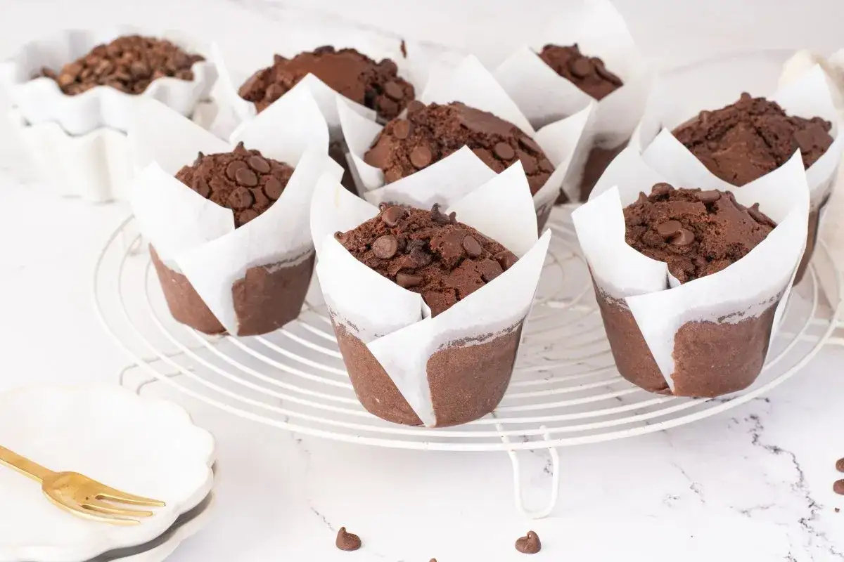 Deliciosos muffins de chocolate reci&eacute;n horneados, cubiertos con chispas de chocolate, listos para disfrutar.