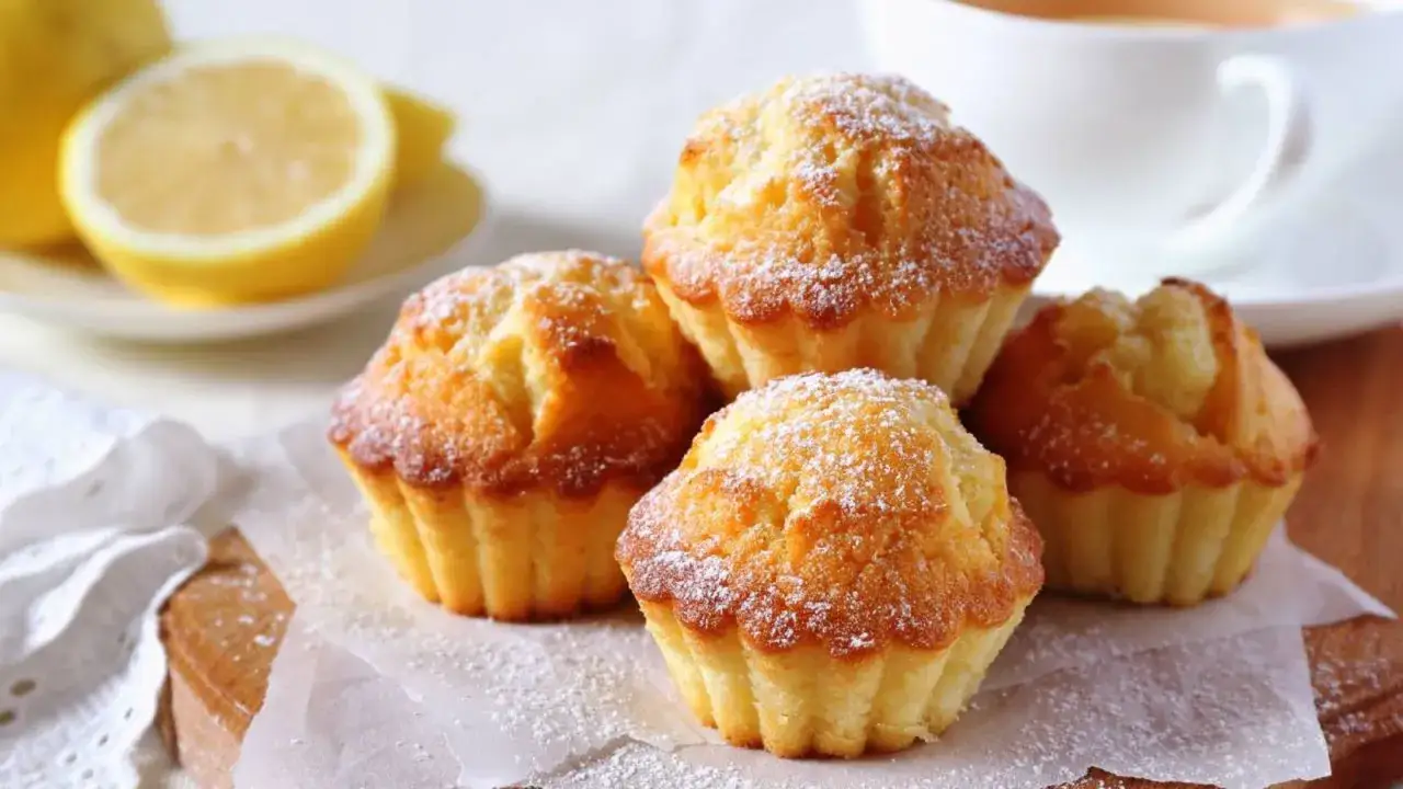 Deliciosas magdalenas de lim&oacute;n espolvoreadas con az&uacute;car glas, listas para acompa&ntilde;ar un caf&eacute;.