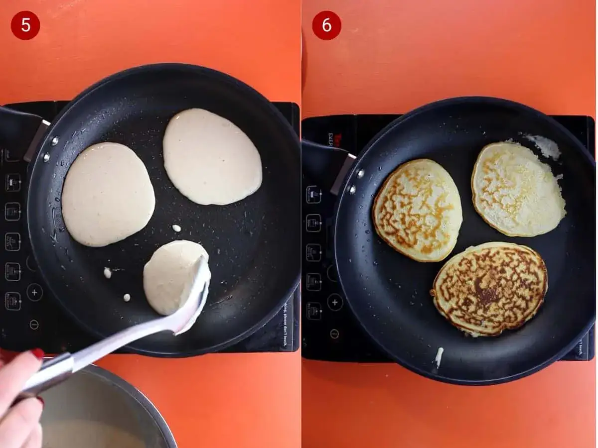 Tortitas dor&aacute;ndose en sart&eacute;n, parte de una receta. Masa cruda se vierte en la sart&eacute;n.